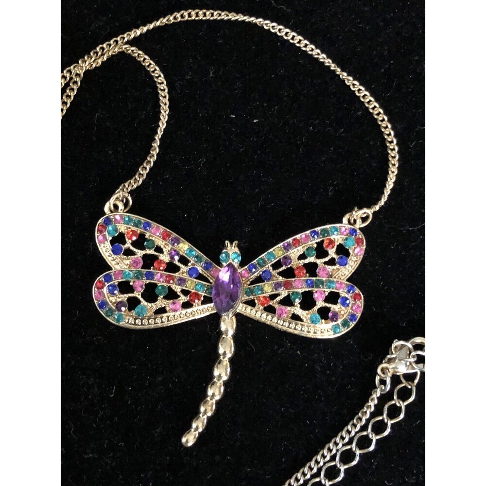 Dragonfly Multicolored Rhinestone 22” Necklace Gold tone